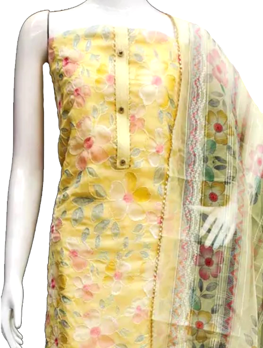 Organza Unstitched Suit Set - Yellow