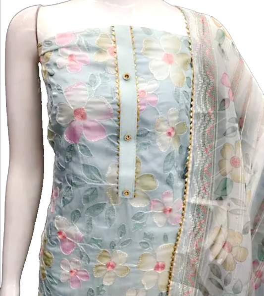 Organza Unstitched Suit Set - Blue