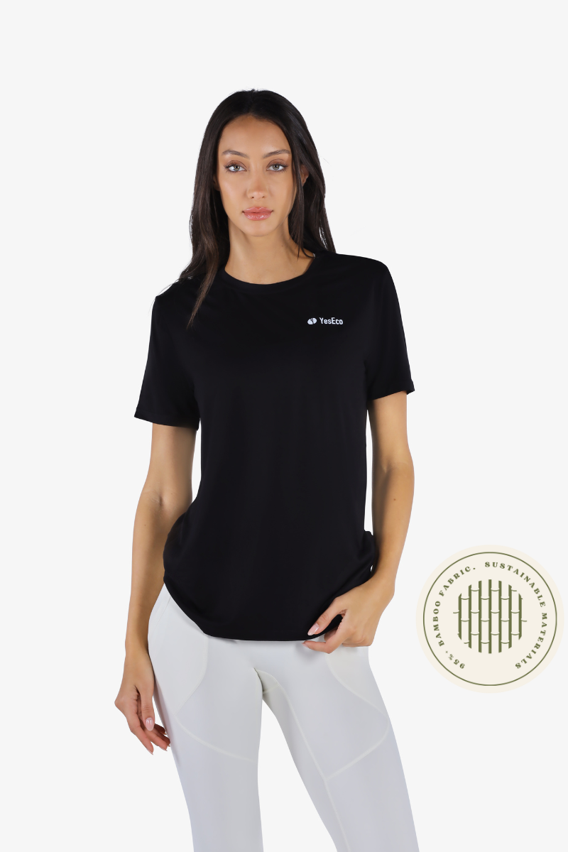 YesEco Women’s Black Round Neck T-Shirt – Effortless Elegance & Comfort