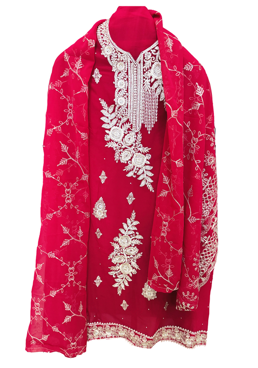 Georgette Embroidery Unstitched Suit Set - Red