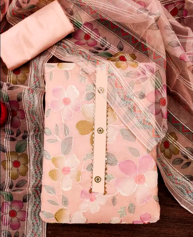 Organza Unstitched Suit Set - Pink