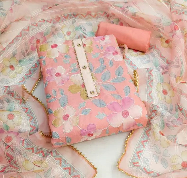 Organza Unstitched Suit Set - Pink