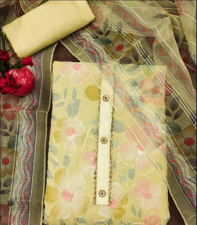 Organza Unstitched Suit Set - Yellow
