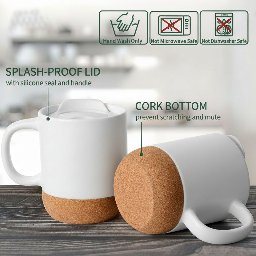 Customizable Ceramic Mug with Cork Bottom and Lid