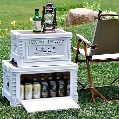 Collapsible Storage Container with Wooden Lid - Side Door Access