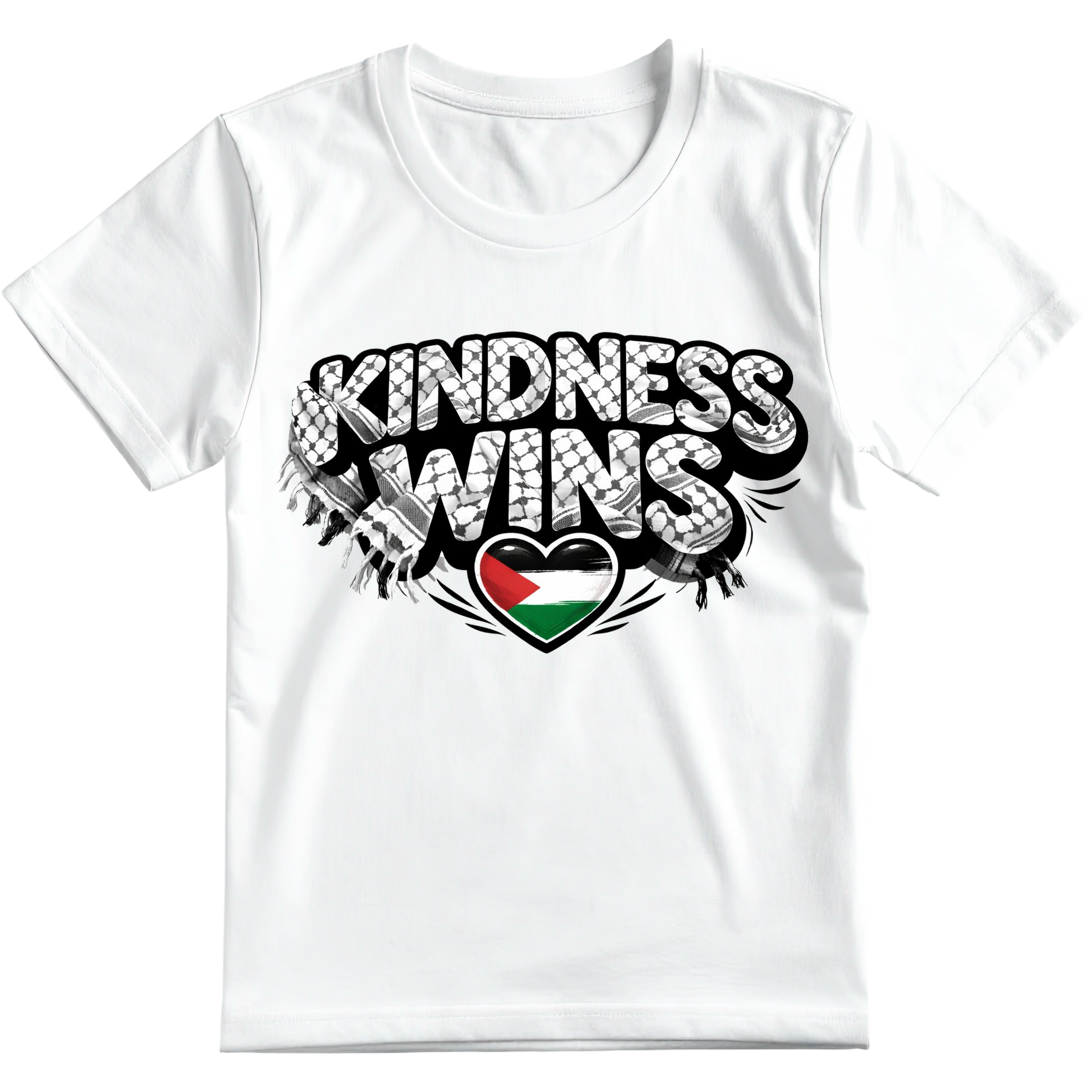 White t-shirt with 'Kindness Wins' text and a heart design with palestine flag on a white background