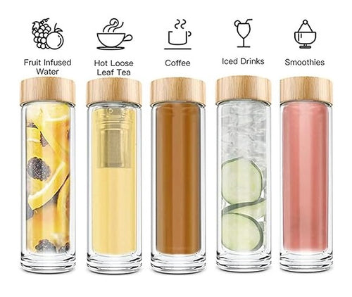 Borosilicate Glass Bottle with Bamboo Lid & Tea Infuser
