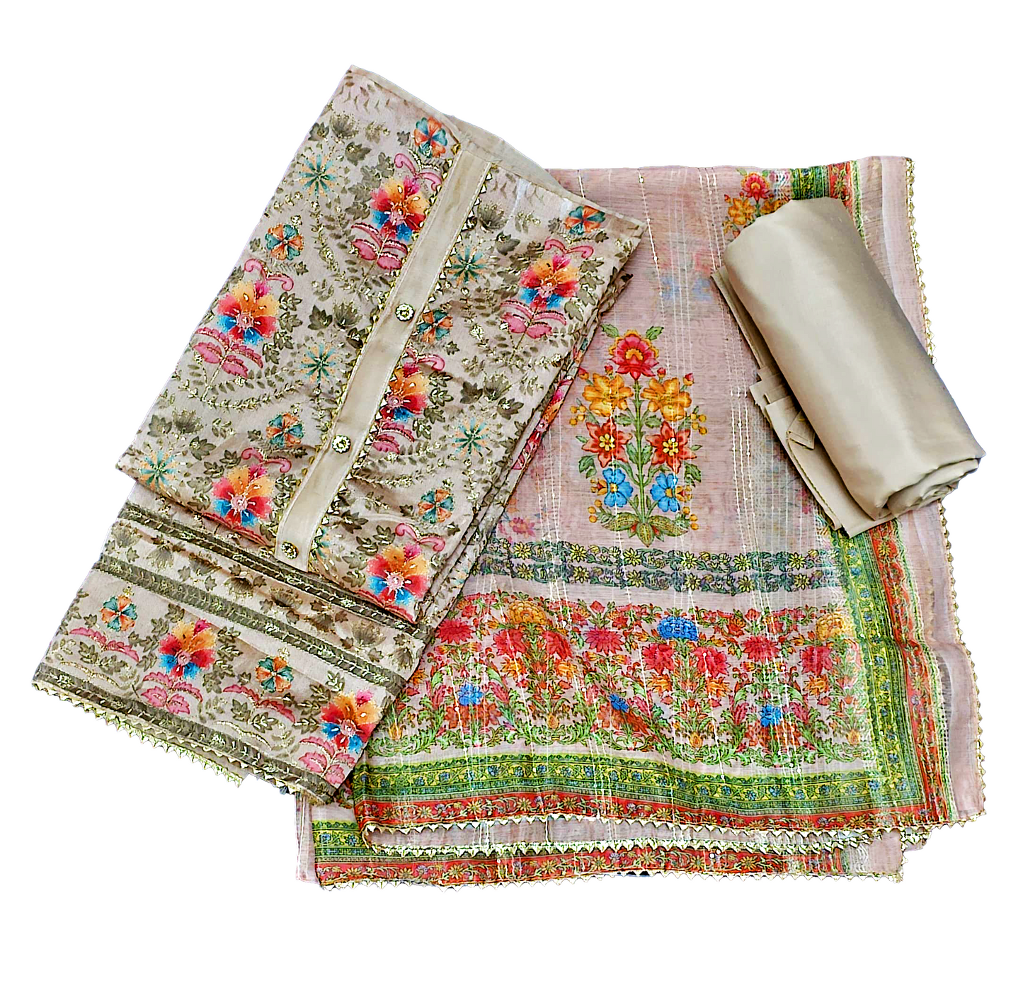 Chanderi Unstitched Suit Set - Brown