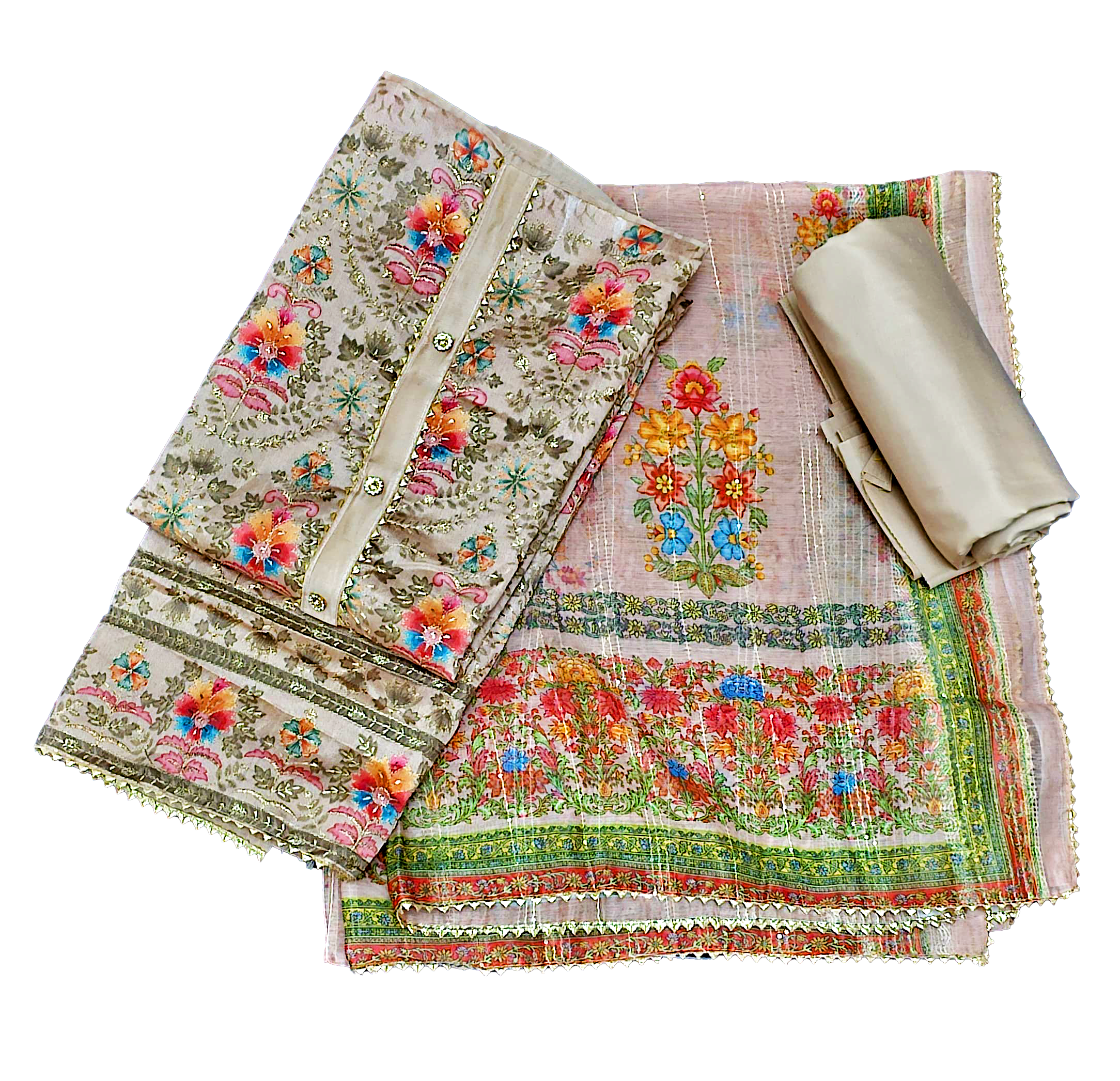 Chanderi Unstitched Suit Set - Brown