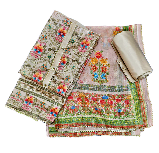 Chanderi Unstitched Suit Set - Brown