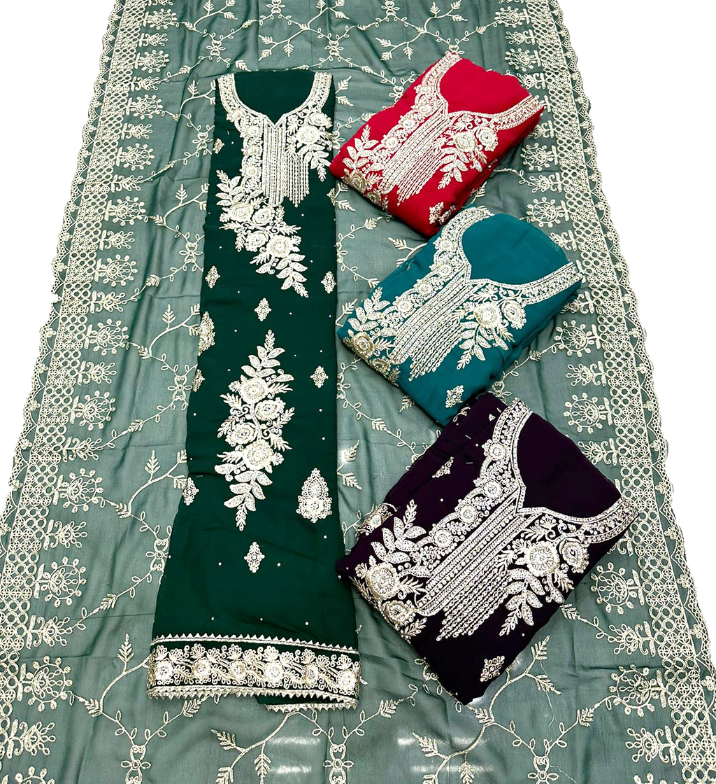 Georgette Embroidery Unstitched Suit Set - Green