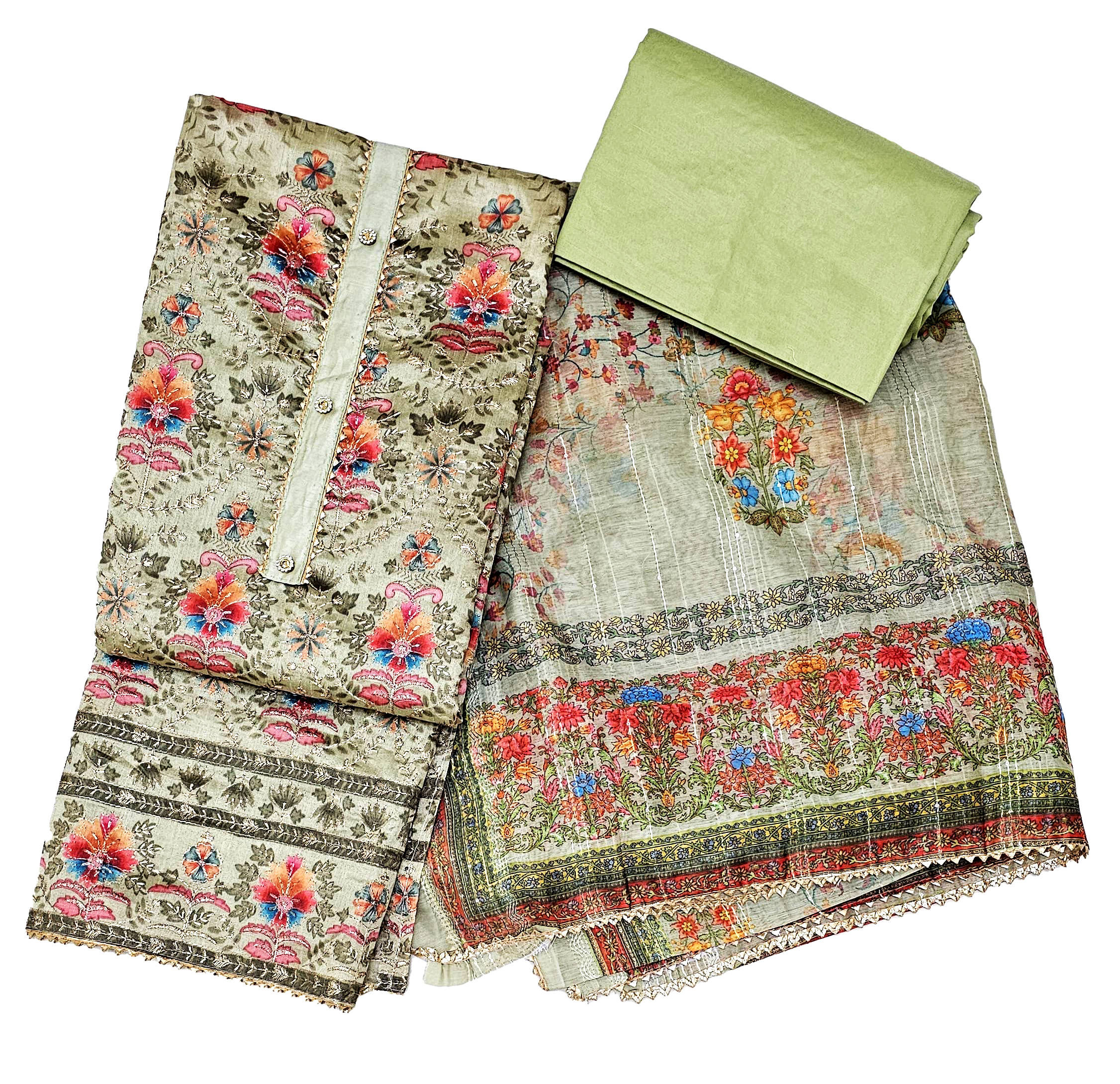 Chanderi Unstitched Suit Set - Light Green