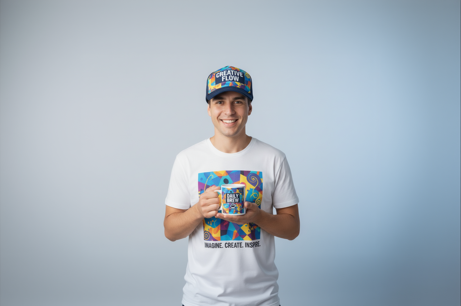 Person wearing a colorful cap and holding a 'Daily Brew' container against a light blue background