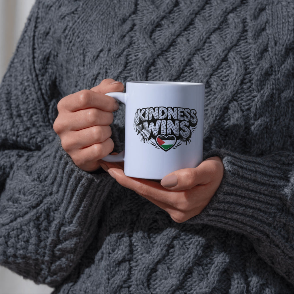 Kindness Wins Palestine Ceramic Coffee Mug | Keffiyeh Pattern | Palestinian Flag Heart Design