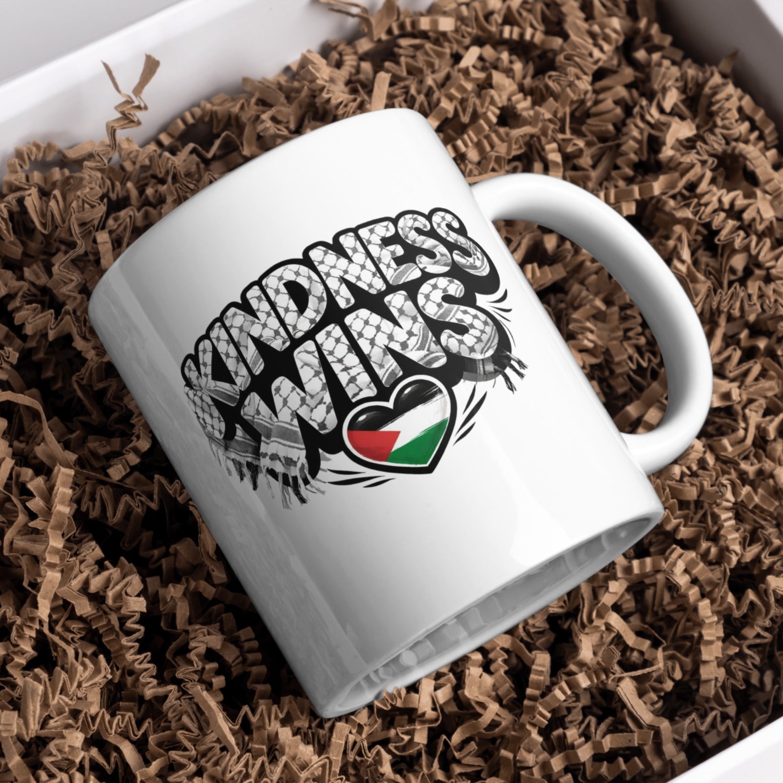 Kindness Wins Palestine Ceramic Coffee Mug | Keffiyeh Pattern | Palestinian Flag Heart Design