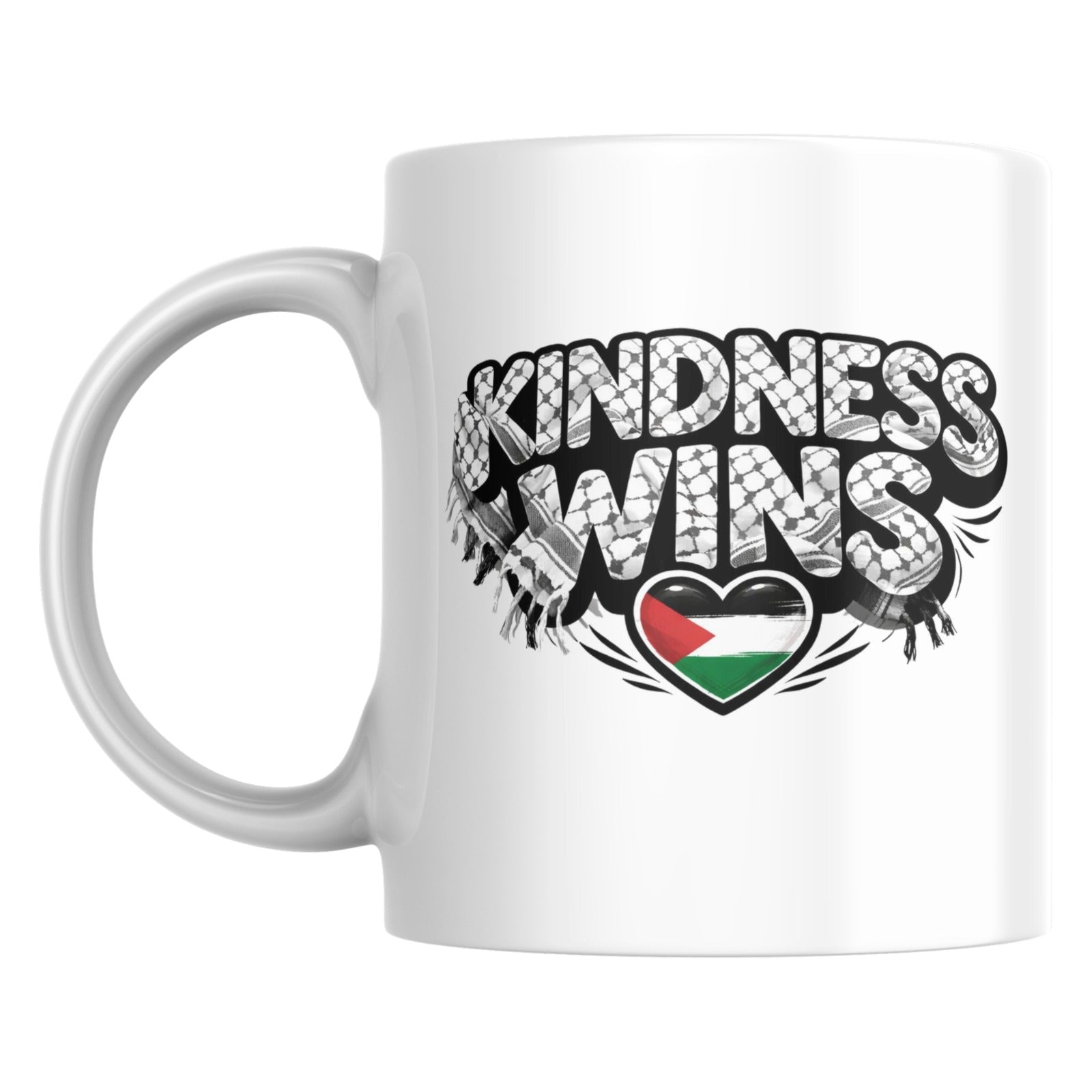 Kindness Wins Palestine Ceramic Coffee Mug | Keffiyeh Pattern | Palestinian Flag Heart Design