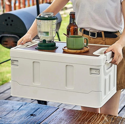 Foldable Storage Box for Car Trunk & Camping with Wooden Lid