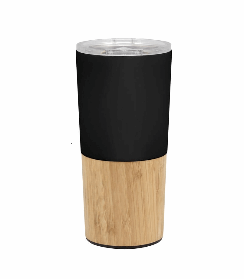 Double Wall Travel Tumbler with Bamboo Base & Clear Lid