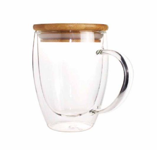 Double Wall Clear Glass Mug with Bamboo Lid