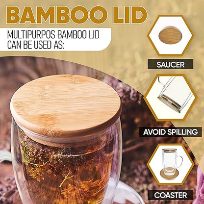Double Wall Clear Glass Mug with Bamboo Lid