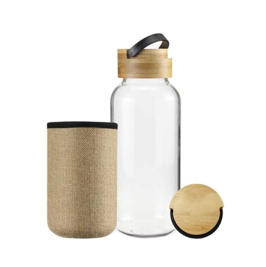 Glass Bottle with Eco-Sleeve and Bamboo Lid, 1000 ml