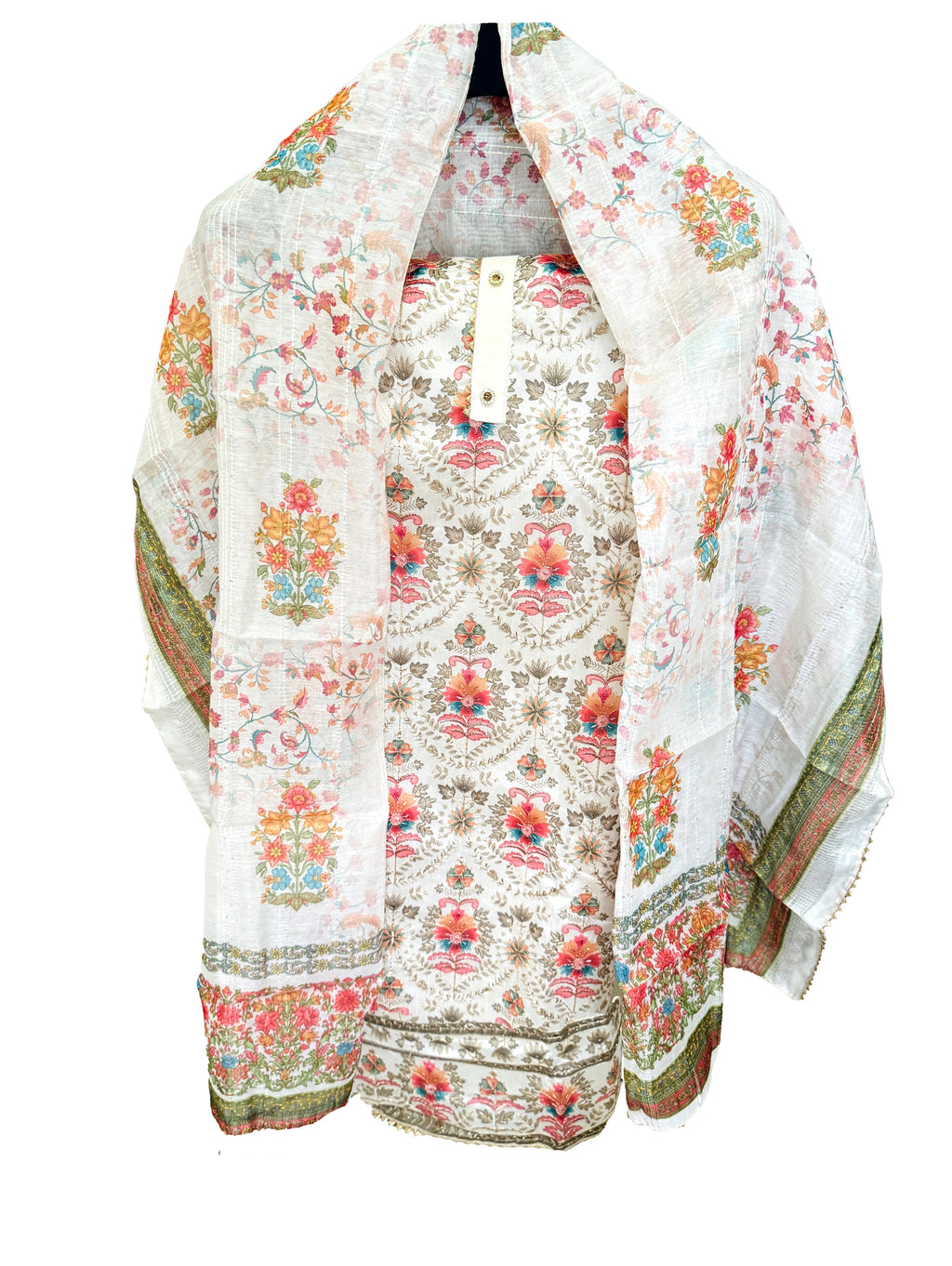 Chanderi Unstitched Suit Set - White