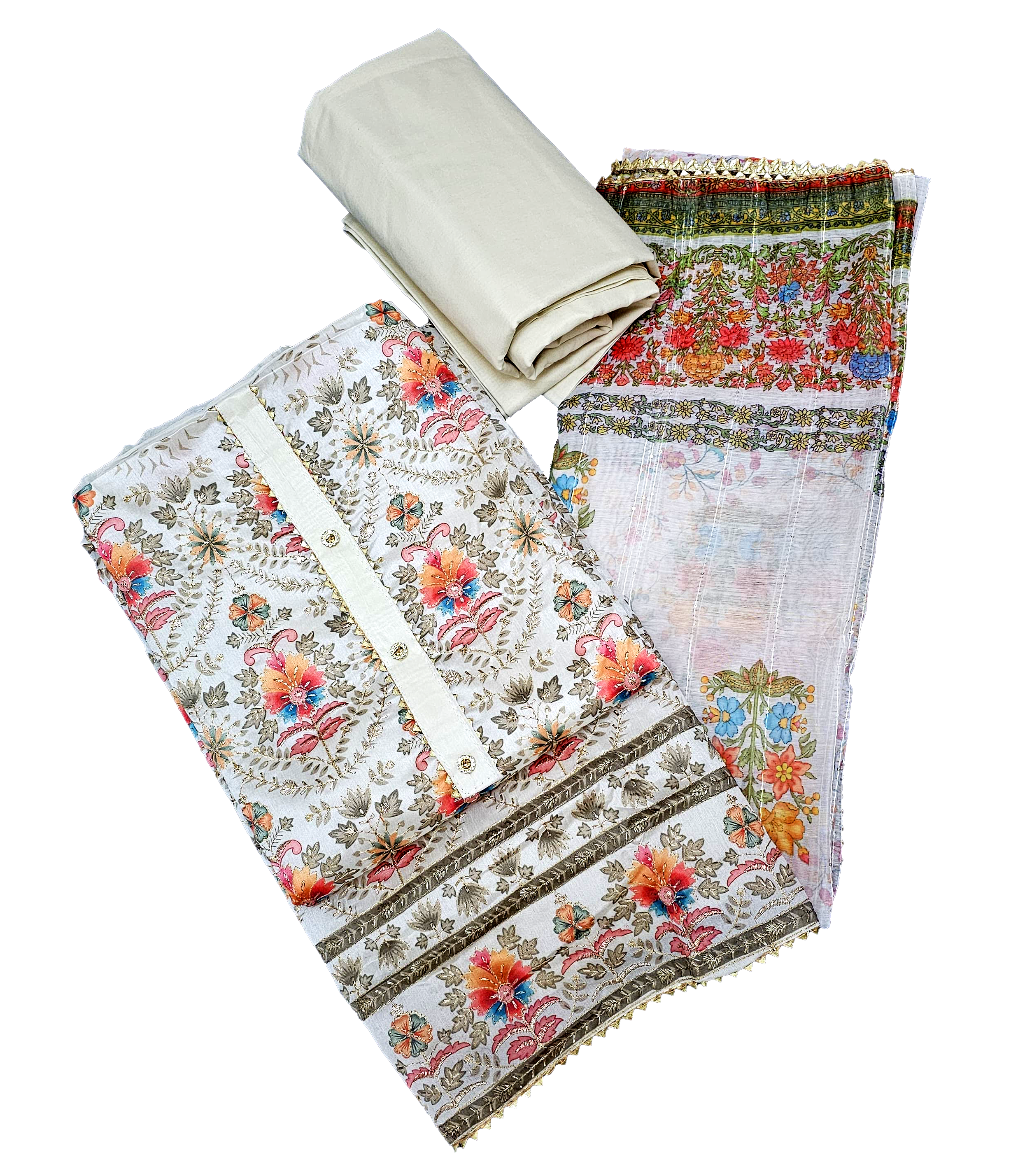 Chanderi Unstitched Suit Set - White