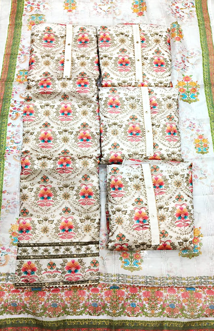 Chanderi Unstitched Suit Set - White