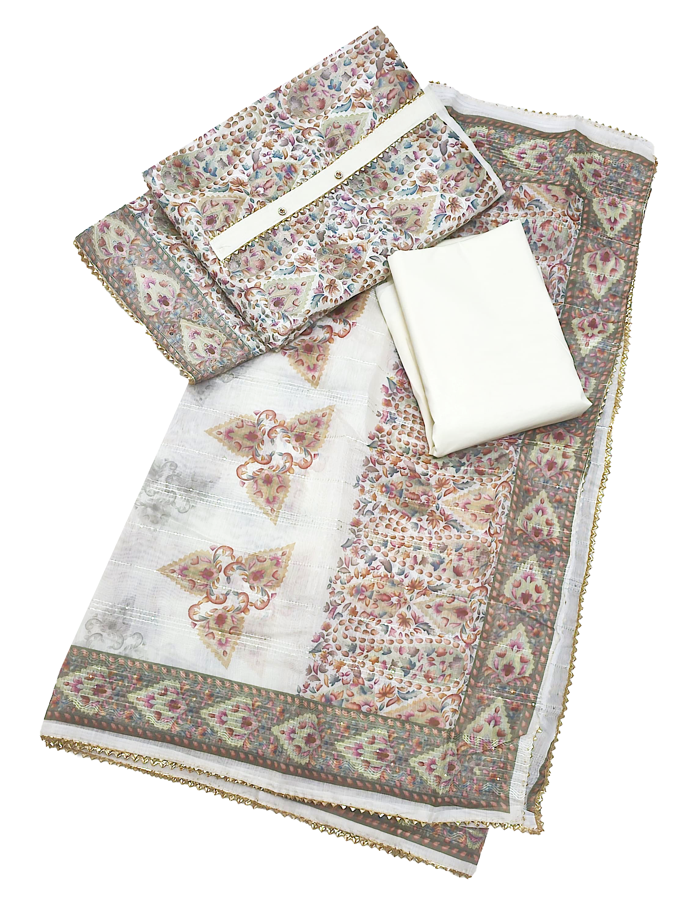 Chanderi Unstitched Suit Set - Off-White